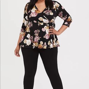 torrid Black Floral Wrap Peplum Top